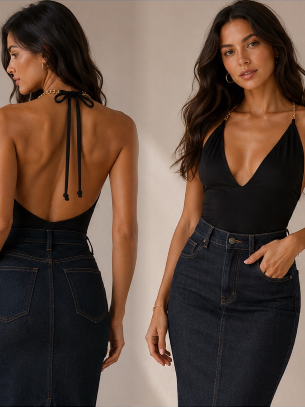 Heart & Hips Black Halter Bodysuit with Chain Straps
